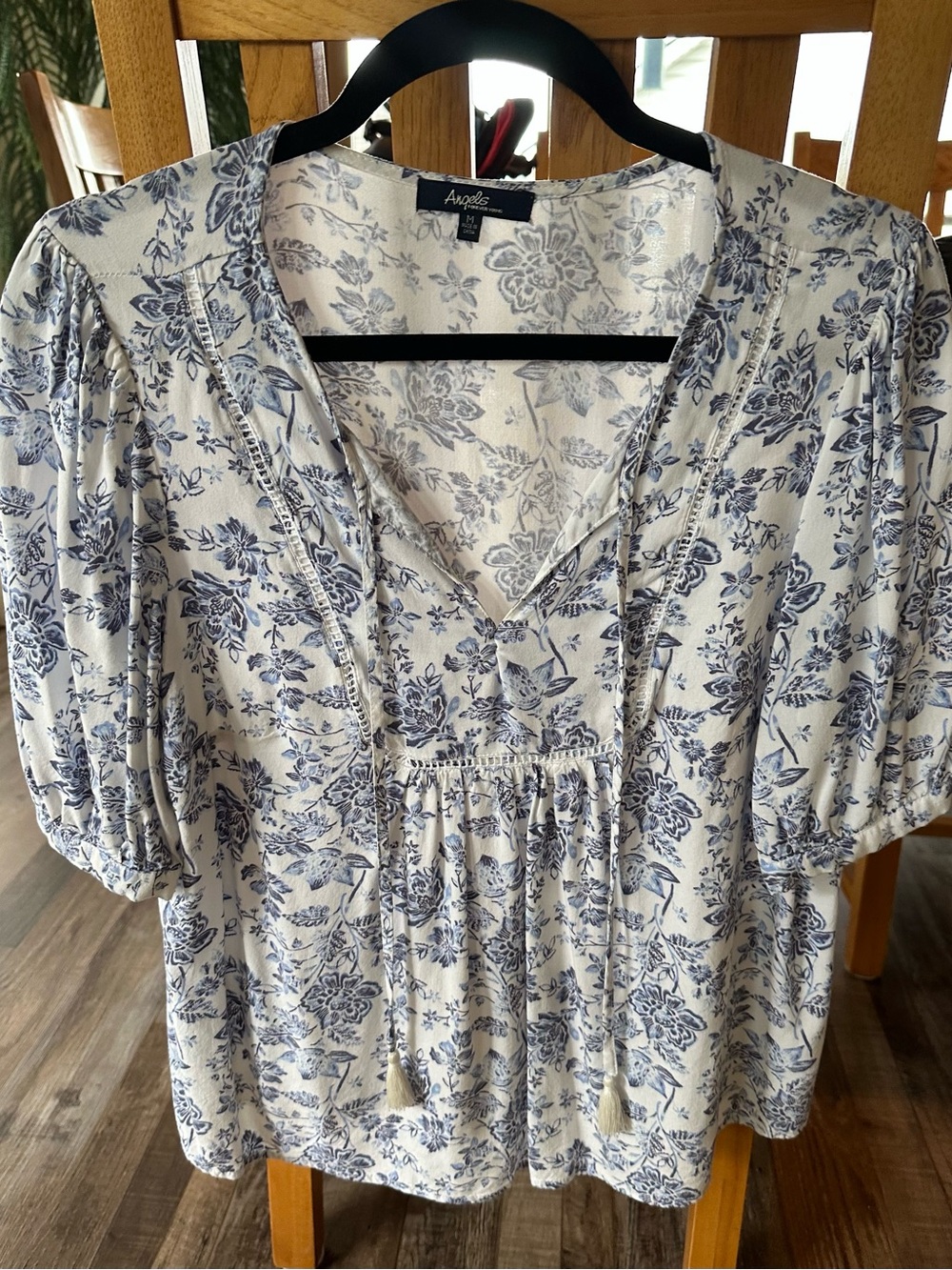 Angels White Peasant Blouse with Blue Floral Print
